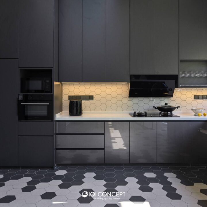 wet kitchen cabinet geometric tiles