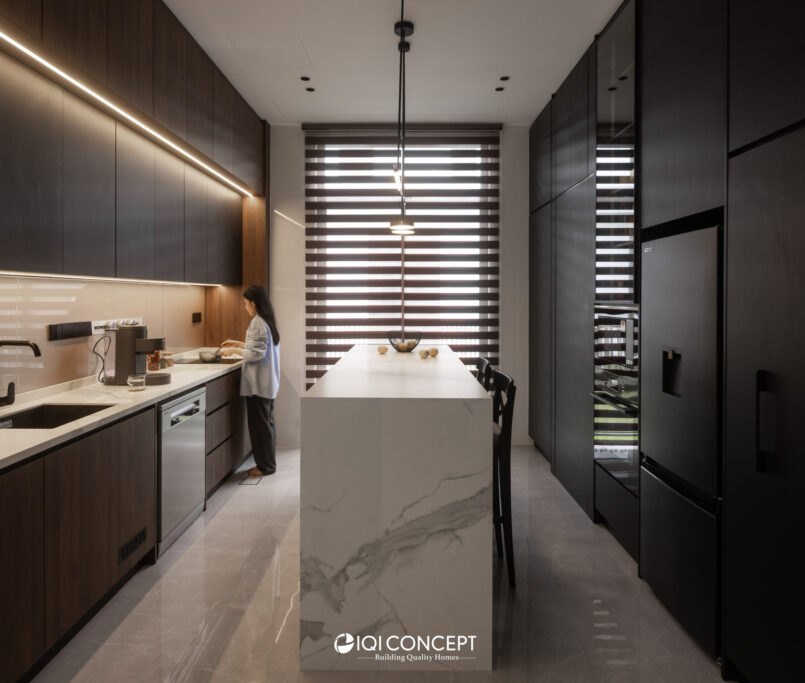 dry kitchen design dark wood and black