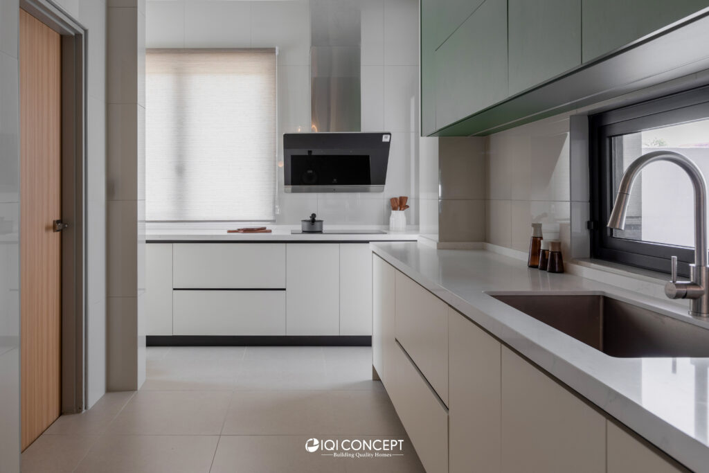 Modern minimal wet kitchen in white and green